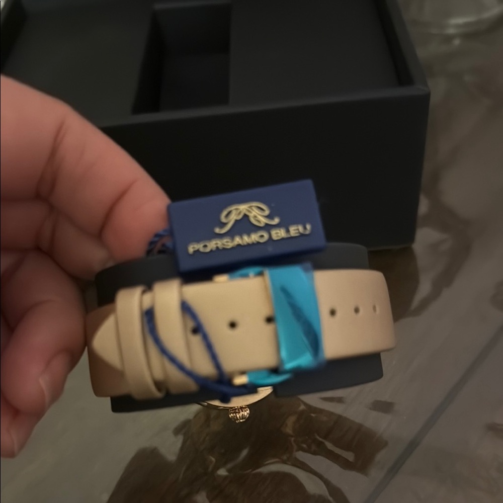 NIB Liza Automatic Satin Leather Porsamo Bleu Gold-Pearl Watch Topaz Bezel - Picture 9 of 11